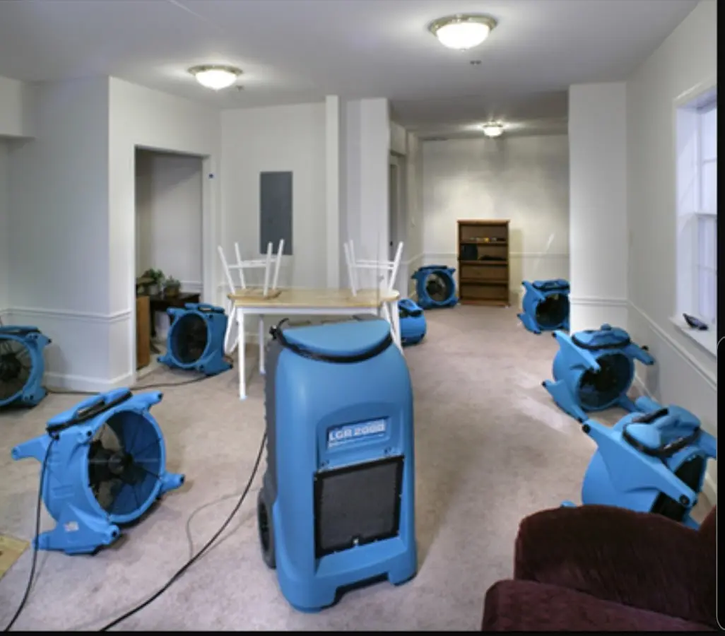 Air movers and dehumidifier setup for Water Damage Restoration in Burlington